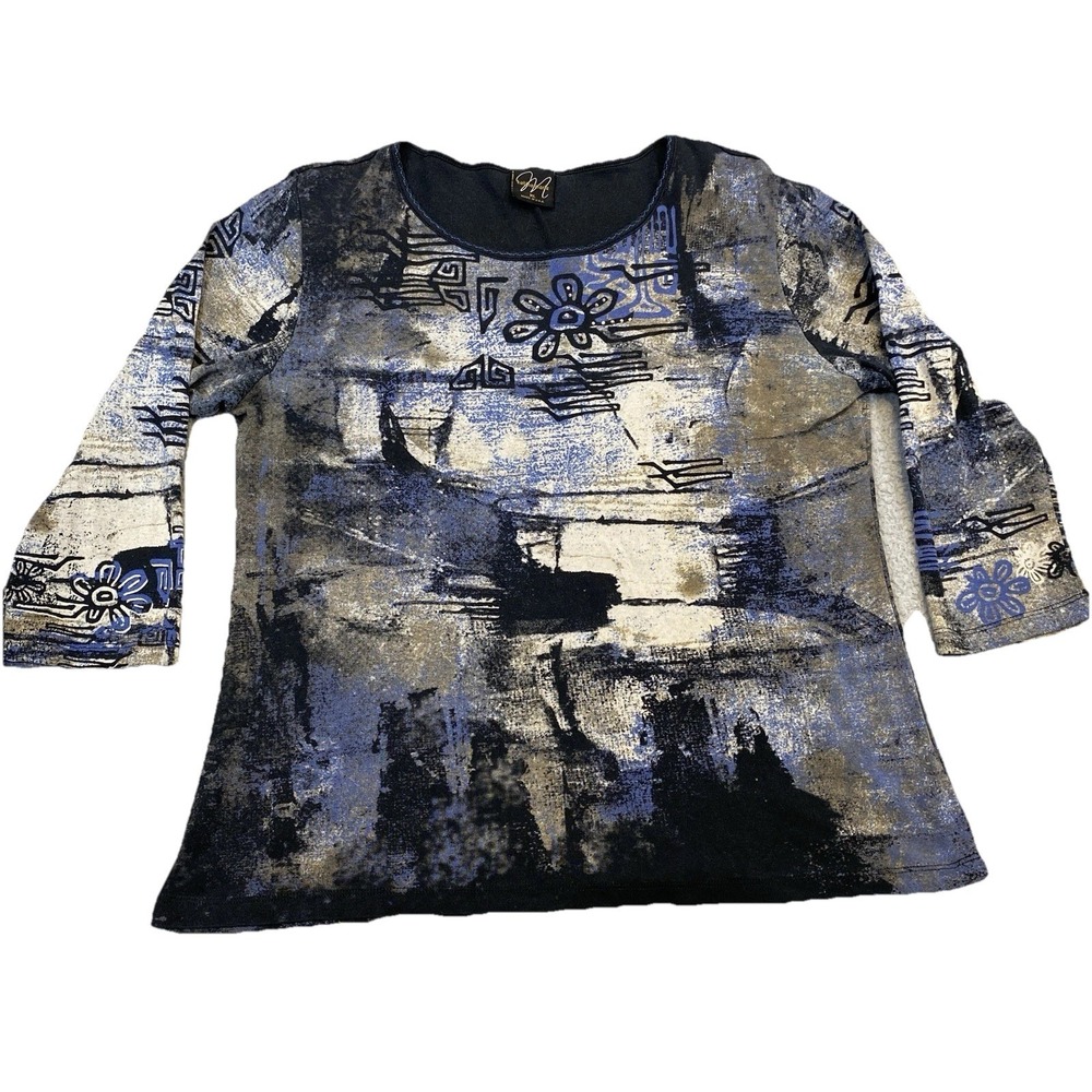 Katina Marie Shirt XL Floral Black Blue Rhinestone Top‎ Floral Made In USA